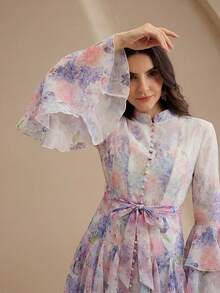 Anewsta Women's Elegant Floral Print Flare Sleeve Ruffle Hem Dress - Purple - View 1