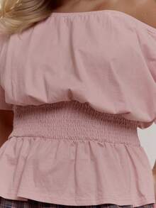 MUSERA Off The Shoulder Jersey Cinched Waist Top Cute Cosy Spring Everyday Sugar Swizzle - Pink - View 2