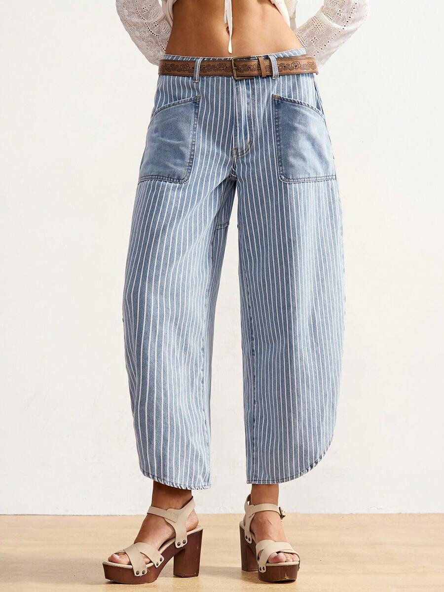 SHEIN BohoFeels New Women's Jeans, Casual Everyday Style, Striped Patch Pockets, Color Blocking, Low-Rise, Loose Fit, Cropped Length, Light Blue. Perfect For Summer, Spring Break, Women's Vacation, And Casual Wear. - Light Wash - View 1