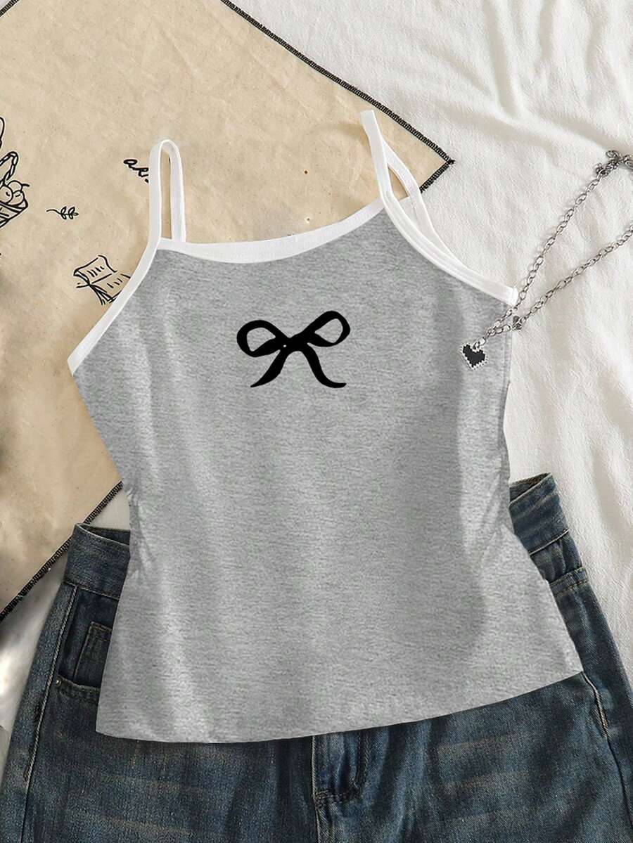 SHEIN 女童灰色露脐收腰背心,黑色蝴蝶结印花,适合日常穿着、夏季、外出、度假、春季、秋季、冬季、叠穿,舒适,经典修身款。 - 彩色 - 查看 1
