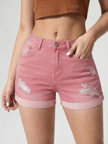 Jeanoix Quần short denim nữ dáng ôm, rách, có túi, đa năng. - Hồng - Xem 4