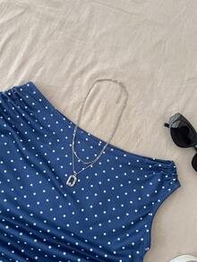 SHEIN Tween Girls Navy Blue Knit Casual Minimalist Polka Dot Print Asymmetric Ruched Crop Top, Suitable For Spring/Summer, Casual, Personalized Styling, Daily Wear - Navy Blue - View 3