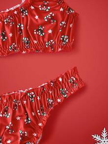 Notgurli 2 Stücke Weihnachts-Rüschen-Trim Allover-Muster süßer Weihnachts-Muster Lingerie-Set - BH und Slip für Frauen - Rot - Übersicht 5