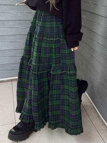 FRIFUL Women's Plaid Minimalist Casual Skirt - Navy Blue - View 2