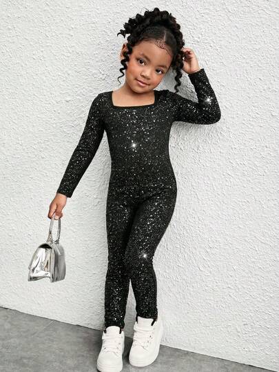 SHEIN Young Girl Solid Color Square Collar Polka Dot Fitted Casual Jumpsuit