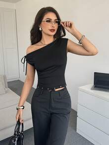 Modelyn Women's Solid Color Tie Shoulder Design Fitted Fashion T-Shirt Black Top One Shoulder Top Sexy Top Off The Shoulder Top Cap Sleeve Top One Sleeve Top Classy Top - Black - View 6