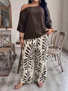 EMERY ROSE Plus Size Women Vacation Solid Color Asymmetric Collar Batwing Sleeve Shirt And Floral Print Pants Casual Suit - Brown - View 4