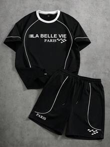 PAVTROS 男士落肩短袖宽松休闲时尚圆领T恤，夏季 - 黑色 - 查看 1