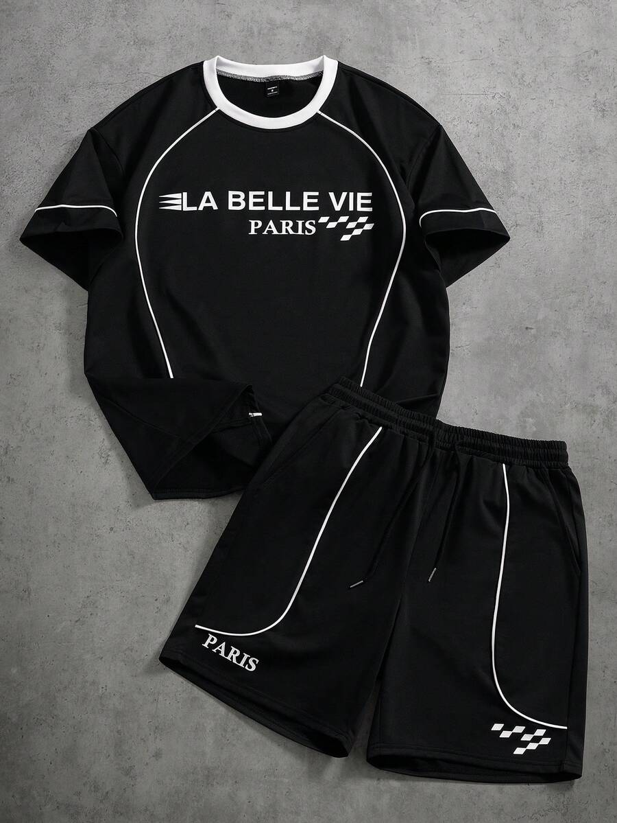 PAVTROS 男士落肩短袖宽松休闲时尚圆领T恤，夏季 - 黑色 - 查看 1