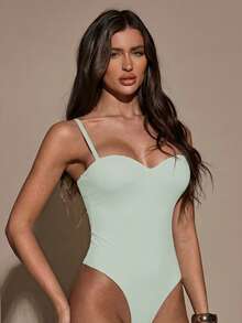 SHEIN BAE Women's Solid Color Fashionable Camisole Bodysuit - Mint Green - View 5