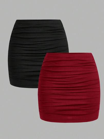 SHEIN MOD 2pcs Women Casual Minimalist Wine Red & Black Ruched Bodycon Mini Skirt Set, Suitable For Summer Suitable For Going Out Chic Dress