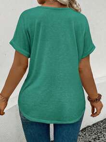EMERY ROSE Kaos Wanita Ukuran Plus Terbaru 2025, Model Kasual Motif Leopard, Leher V, Longgar, Nyaman, Lengan Pendek. - Hijau - View 2