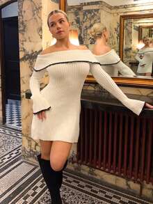 Bethéva Elegant & Sexy White Contrast Lace Patchwork Off Shoulder Flare Sleeve Waist Cinched A-Line Mini Sweater Dress, For Autumn & Winter, Fall And Winter, Elegant, Blackand, White, Longsleeve - White - View 6