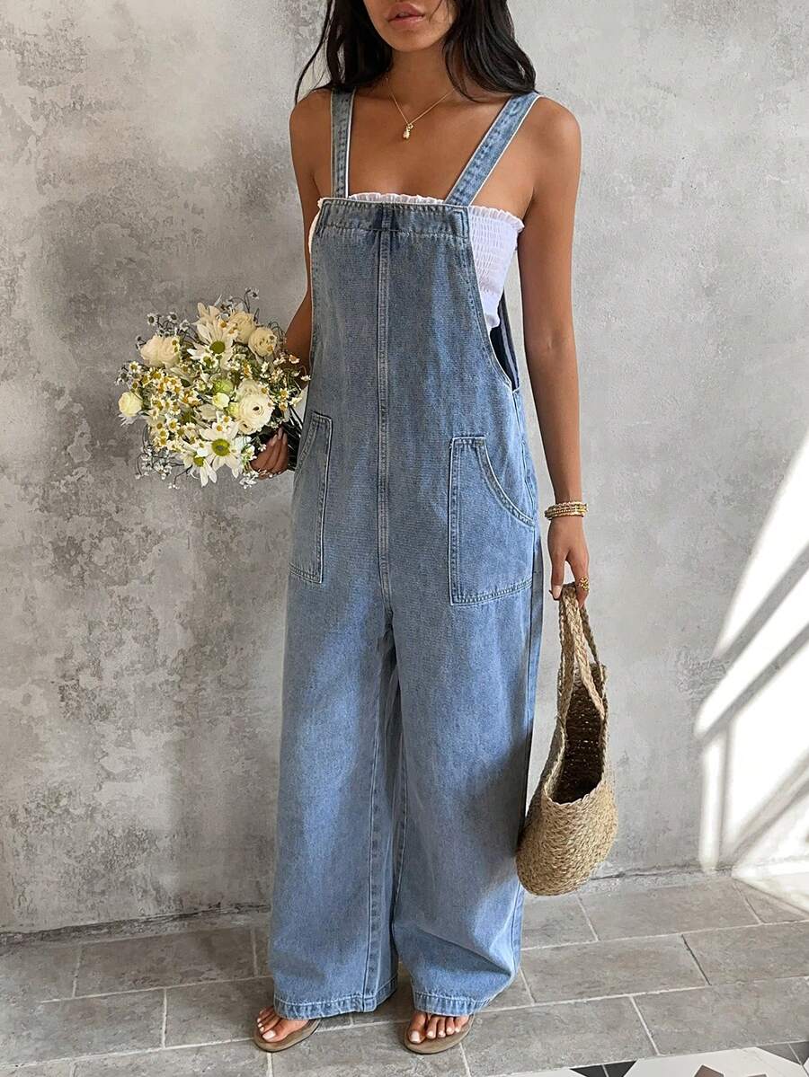 Sunnyshic 女士纯色简约休闲牛仔背带裤连体裤 - 藍色 - 查看 1