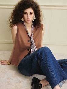 Écloséra 法式复古丝带印花纽扣装饰背心 - 駝色 - 查看 5