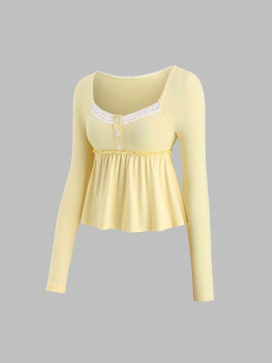 Sweetra Áo thun kiểu sinh viên Y2K đa năng, thoải mái, phù hợp đi làm và đi nghỉ mát, phối ren. - màu đen - Xem 1