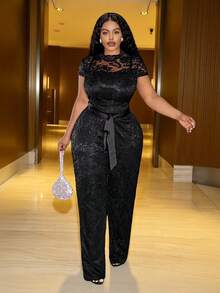 Slaydiva 秋季新款性感约会、生日派对、聚会、宴会、返校、学院风、学生装、日常出行、百搭基础款、休闲、邮轮旅行、爆款、街头风、优雅、通勤、商务休闲黑色纯色蕾丝吊带高领常规连体裤，大码连体裤，情人节穿搭 - 黑色 - 查看 8