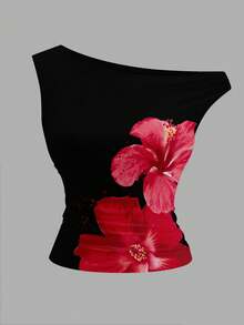 Noixe Top sin mangas con estampado de flor de hibisco y cuello asimétrico, una prenda casual y versátil - Multicolor - Ver 4