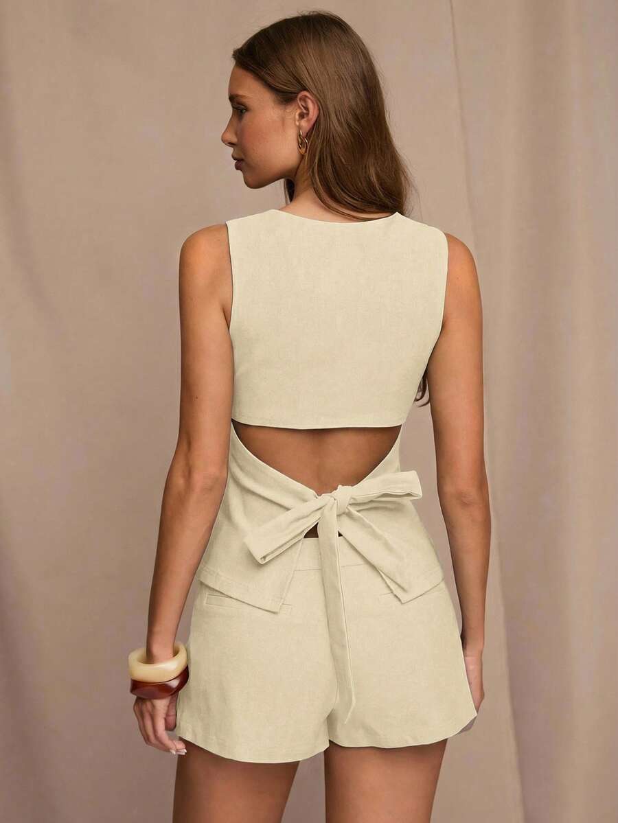 SHEIN BAE 女士夏季时尚纯色系带吊带背心 - 杏色 - 查看 1