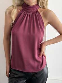 DAZY Elegant High Neck Sleeveless Loose Red Women Tank Top - Purple - View 4