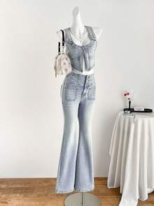 Elamini 女士休闲无袖牛仔外套，夏季 - 藍色 - 查看 3