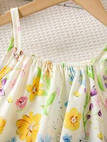 SHEIN Playful Pals Vestido de tirantes con volantes en el bajo, estampado digital de conejo lindo y flores, de tela tejida, adecuado para uso diario de verano, salidas, viajes, vacaciones y fiestas, para niñas jóvenes - Multicolor - Ver 6