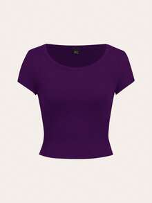 SHEIN EZwear 休闲简约紫色圆领插肩袖黑色修身女式T恤 - 紫色 - 查看 3
