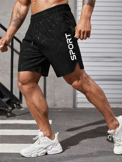 Manfinity Sport Polished 男士字母印花抽绳腰带口袋运动短裤