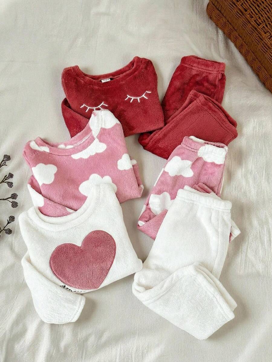 SHEIN 6件套女婴休闲简约圆领插肩长袖上衣和字母装饰踝口柔软抓绒裤套装,舒适的秋冬睡衣和家居服 - 紅色 - 查看 1