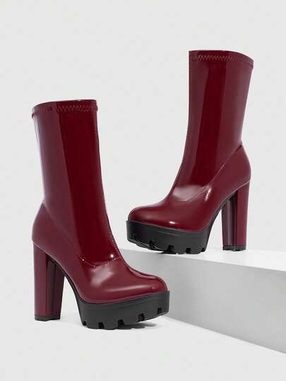 CUCCOO SZL Women's Glossy Leather Round Toe Burgundy Chunky Heel Waterproof Platform Sexy Side Zipper Ankle Boots, Suitable For Party And Autumn/Winter