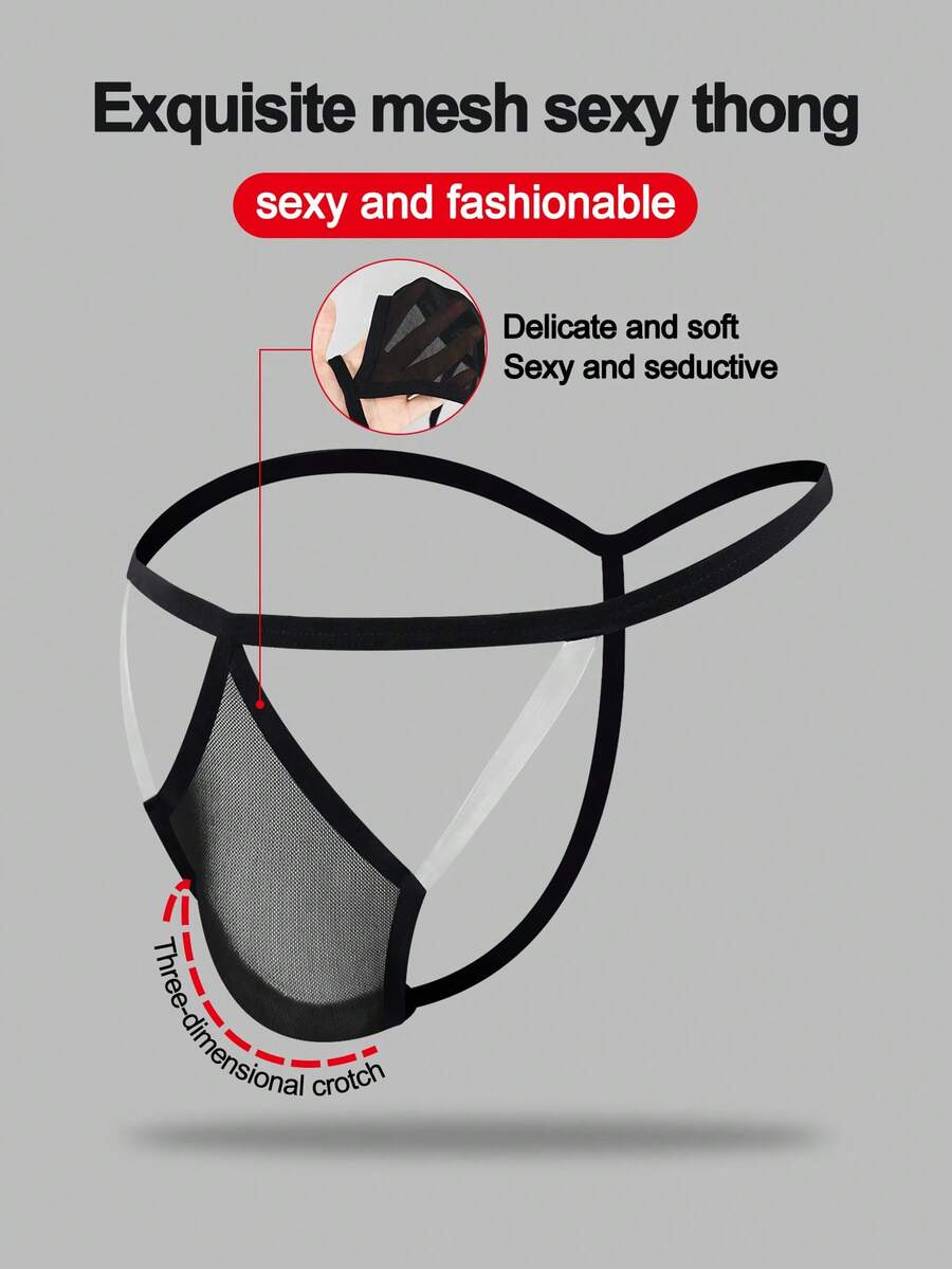 迷人诱人的黑色镂空网纱中腰性感男士内裤 - 黑色 - 查看 1
