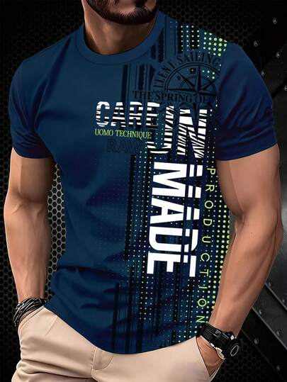 Men's Casual Graphic Tee, Summer New Letter Print Pattern Design, High-Quality Outdoor Wear, Versatile Daily Outfit