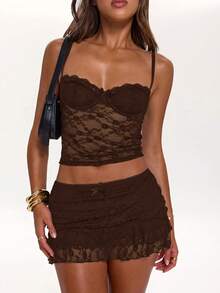 SHEIN BAE Women's Cutesy Shades Of Brown Lace A-Line Bowknot Decor Mini Skirt,Summer Night Out Music Festival Party High Street Rave Graduation Outings - Coffee Brown - View 6
