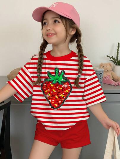 SHEIN 2pcs/Set Young Girl Casual Retro Striped Strawberry Embroidery Short Sleeve T-Shirt And Shorts, Suitable For Outing, Date, Valentine's Day, Sisters Matching, Back To School, Summer