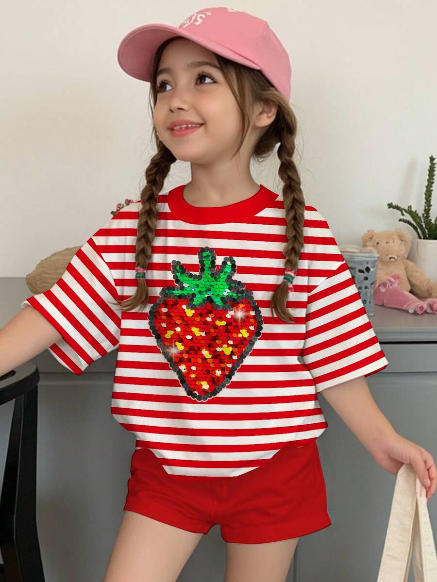 SHEIN 2pcs/Set Young Girl Casual Retro Striped Strawberry Embroidery Short Sleeve T-Shirt And Shorts, Suitable For Outing, Date, Valentine's Day, Sisters Matching, Back To School, Summer Strawberry Shirt Girls Red Striped Shirt Girls Girl Clothes Summer Summer Clothes Red Strawberry Shirt For Girls - Multicolor - View 1