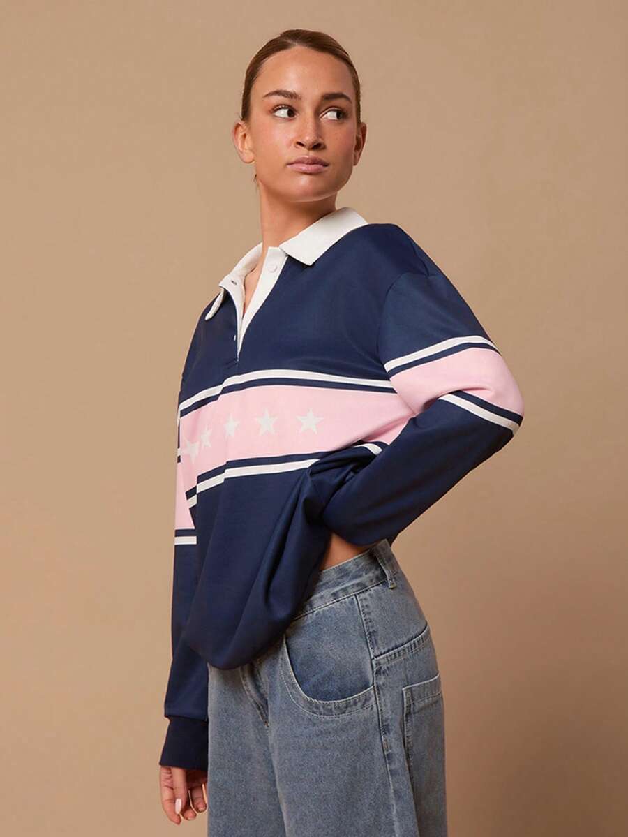 SURIMA Women's Casual Wide Stripe Drop Shoulder Long Sleeve Loose Polo Neck Sweatshirt - Multicolor - View 1