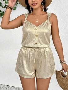 SHEIN Frenchy Plus Size Women Casual Gold Summer Elegant Holiday Vacation Holiday Metal Twist Strap Waist Jumpsuit Romper Short Spring/Summer Outfit - Gold - View 4