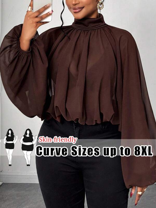SHEIN CURVE+ Plus Size Women Deep Brown High Neck Puff Sleeve Sheer Pleated Cropped Chiffon Cover Up