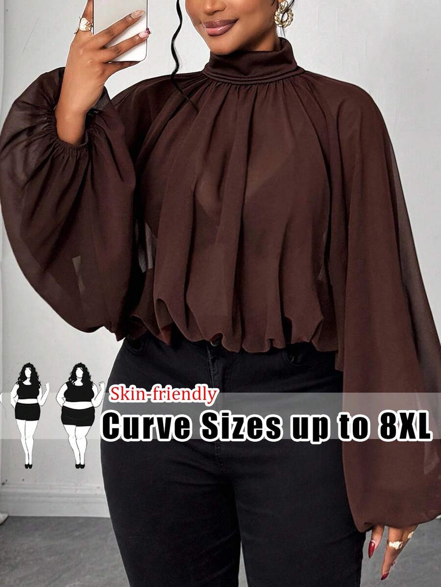 SHEIN CURVE+ Áo khoác ngoài dáng ngắn, cổ cao, tay phồng, xếp ly, chất liệu chiffon mỏng, dành cho nữ, cỡ lớn. - màu nâu - Xem 1