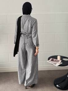 DAZY Bộ 2 món áo nữ cổ bẻ buộc eo và quần ống rộng có dây rút - Cà phê nâu - Xem 2