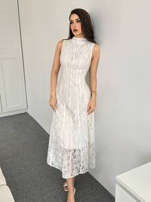 Modelyn Women's Stand Collar Lace Patchwork Elegant Waist Cinched Midi Party Dress - White - View 6