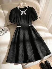Girls' Solid Color Ruffle Bow Embroidered Bubble Dress,Soft & Comfortable,Summer Elegant Evening Party Black And White Puffy Sleeve Collared Dress - Black - View 10
