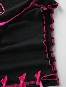 The Winx X SHEIN Women's Drawstring Waist Letter Graphic Lettuce Trim Shorts - Maroon - View 8