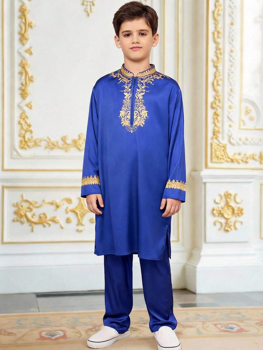 SHEIN Tween Boy Festival Jellabiya, Traditional Arab Clothing, Robe Dress Boys Casual Comfortable Cardigan Long Sleeve Shirt And Pants Tracksuit Set Blue Shirt Set Basic Top, Suitable For Spring/Summer, Outings, Valentine's Day, Dates, Travel, Vacation, Family Gatherings, Back To School, Wedding Season, Formal Dinners, Birthday Parties - Blue - View 1