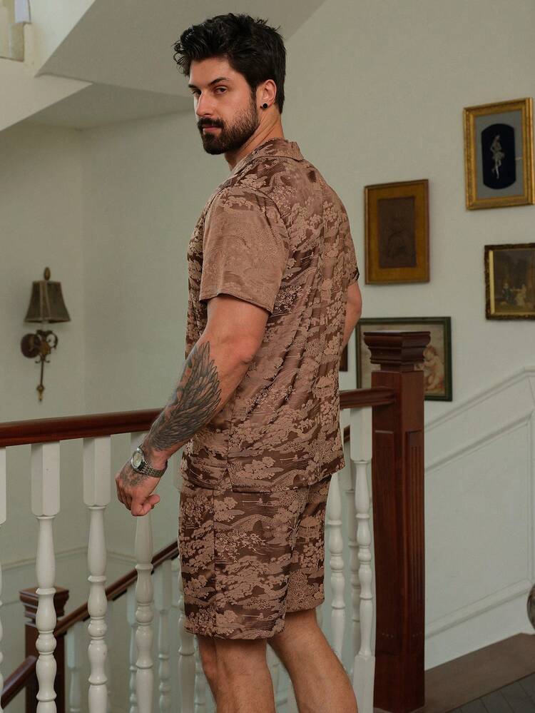 Summer Multi-Color Textured Satin Fabric Brown Short Sleeve Shirt And Shorts Men Pajama Set
