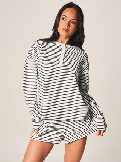 MISSGUIDED Striped Long Sleeve Pullover Top With Matching Shorts Lounge Pajama Sleepwear Relaxed Fit Two Piece Comfort Set