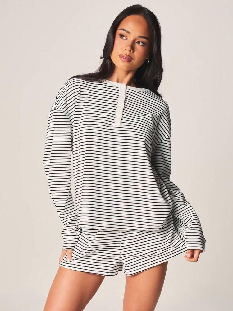 MISSGUIDED Striped Long Sleeve Pullover Top With Matching Shorts Lounge Pajama Sleepwear Relaxed Fit Two Piece Comfort Set