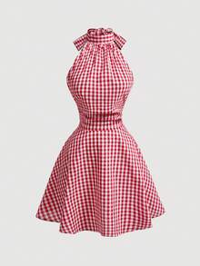 SHEIN MOD Women's Red & White Plaid Backless Twist Ruched Cami Mini Dress,Red Plaid Dress,Picnic Dresses,Tea Party Outfits,Beach Dress,Going Out ,Summer Holiday Outfitsvacation - Red and White - View 5