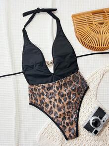Swim SXY Bonvoyette-D Summer Sequin Embroidered Leopard Print Random Pattern Deep V Back Tie-Up Metal Decor Halter Backless Casual Beach Bikini Swimsuit For Women - Multicolor - View 2