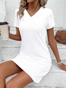 EMERY ROSE Women's Casual Solid Color V-Neck Petal Sleeve Dress - White - View 5